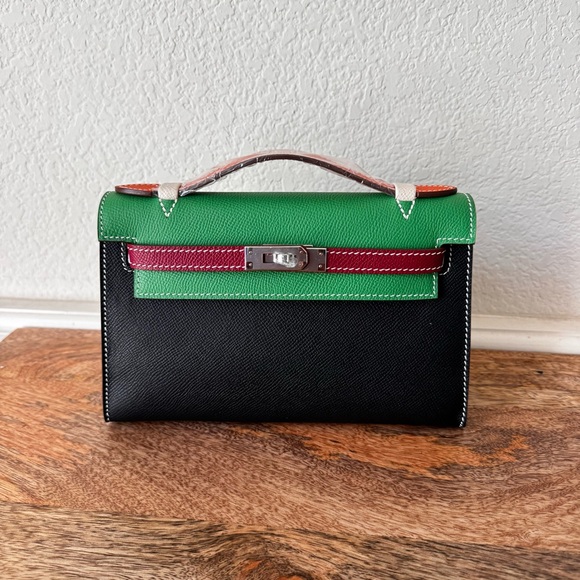 LEATHER INSIDE & OUT Black Red Green Colorblock Epsom 22 KL Pochette Bag S16 - Picture 2 of 13